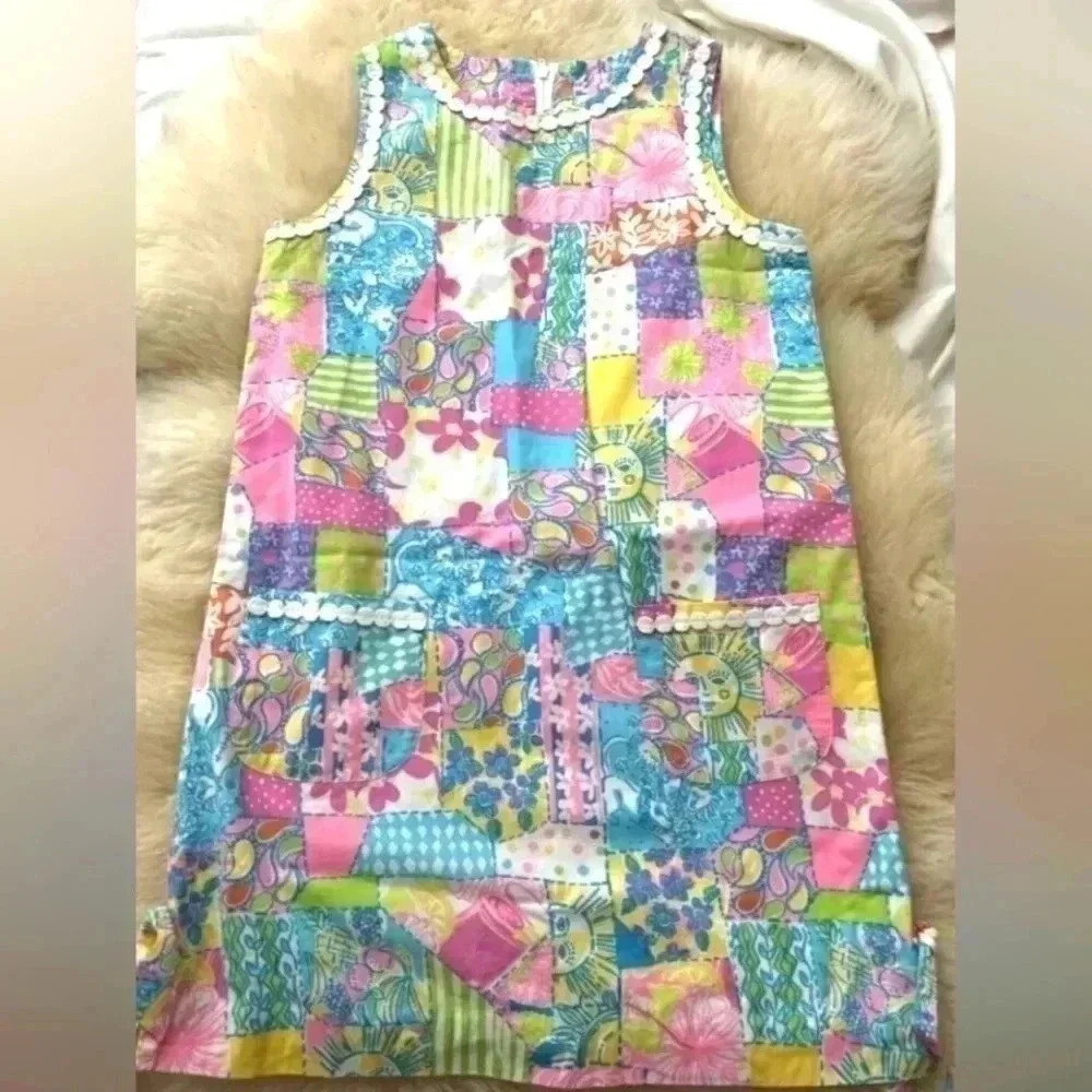 Lilly Pulitzer Rare Pineapple Patchwork Print Lined Shift dress Girls 6 EUC